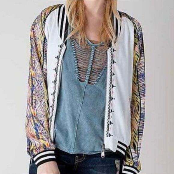 GIMMICKS by BKE| Mix Media Multicolor Embroidered Bomber Jacket Size Medium - Picture 1 of 8